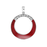 Round red coral pendant in sterling silver with open circle design and ornate detailing, handcrafted artisan jewelry